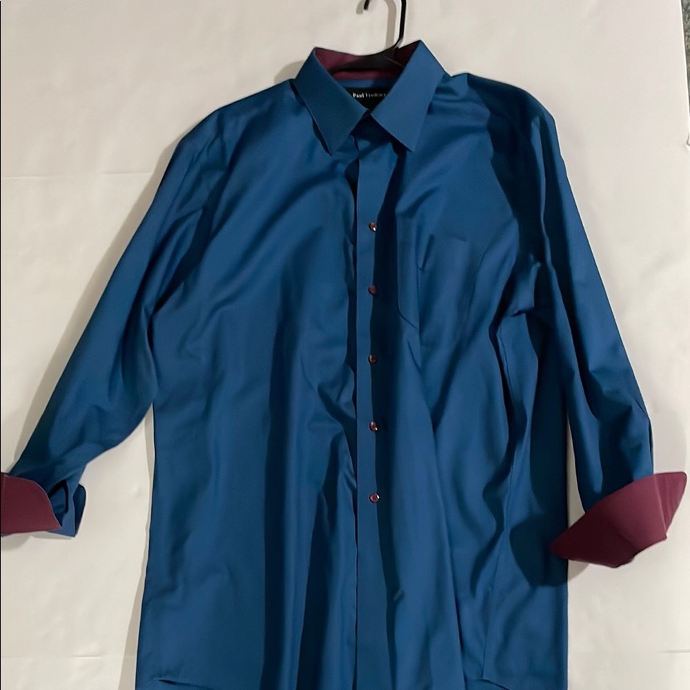 Paul Fredrick Blue Shirt with Burgundy Details Two Ply Cotton Classic Fit